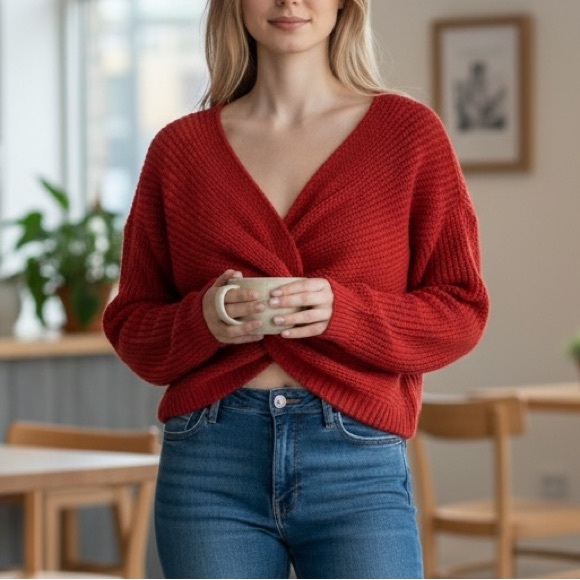 NEW•16•Minimalist Brick Red Twist Reversible Sweater - Picture 4 of 13